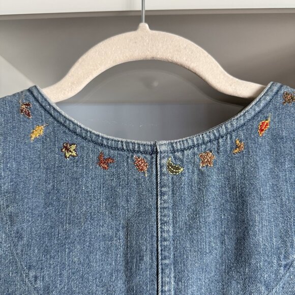 Vtg Christopher & Banks Embroidered Fall Leaves Denim Maxi Dress Autumn Folk - Picture 5 of 7